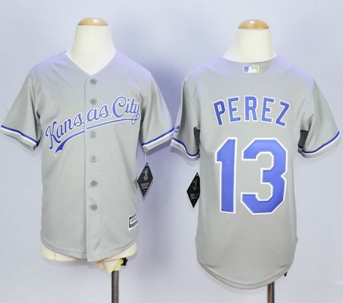 Royals #13 Salvador Perez Grey Cool Base Stitched Youth MLB Jersey - Click Image to Close
